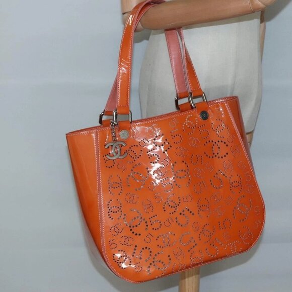 CHANEL Punching Tote Bag Enamel Orange Silver CC Auth - Picture 1 of 15